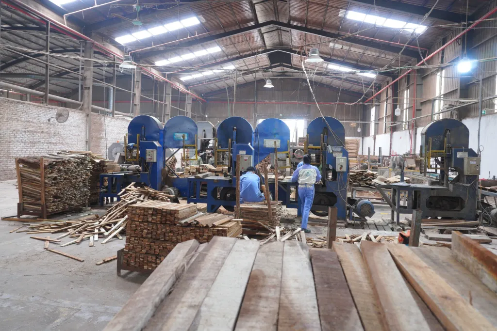 Row of band saws in the sawmill hall
