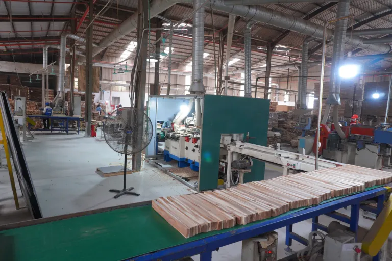 Planed strips on the outfeed conveyor of a moulder