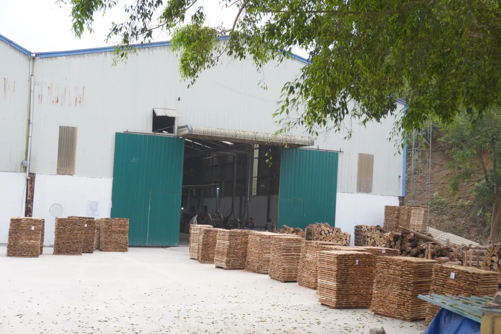 Production hall with open doors and stacks of sawn timber outside