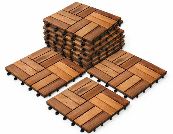 12-slat acacia deck tiles with parquet pattern, 300 x 300 mm interlocking