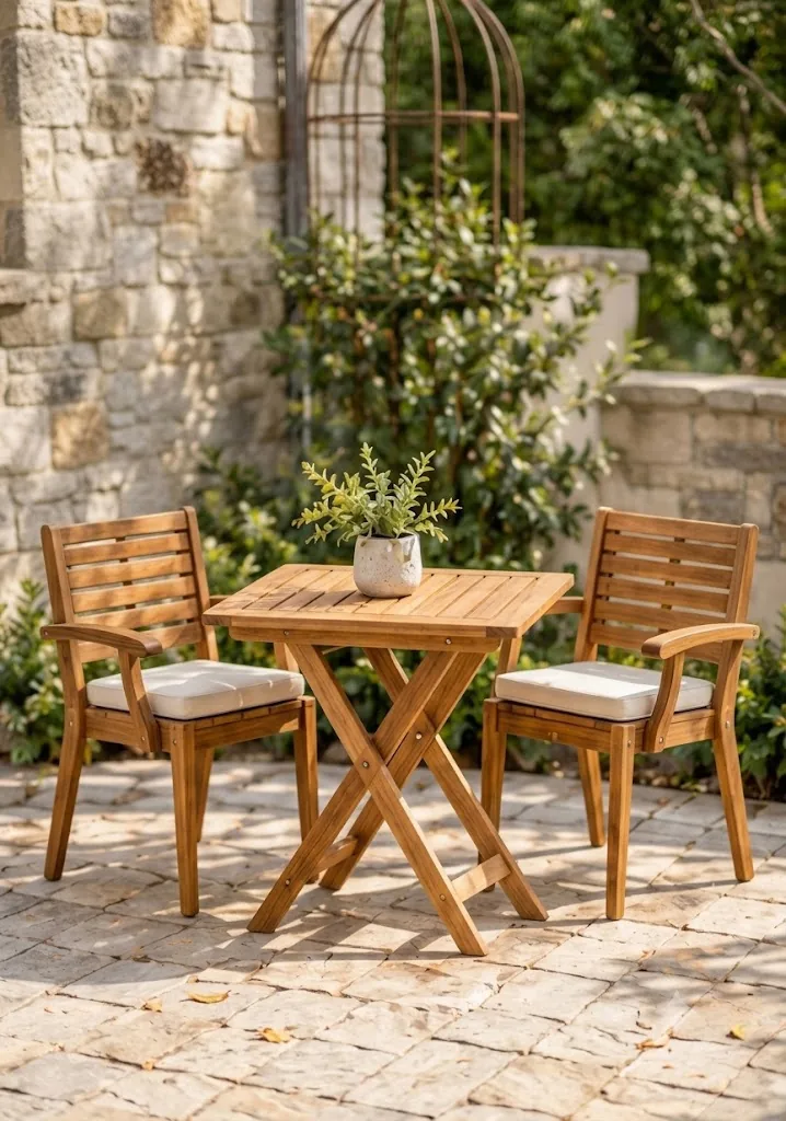 Acacia folding bistro set: X-frame table and two slatted armchairs