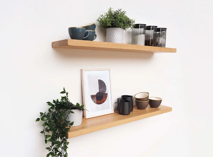 Floating wall shelves in solid acacia or teak with concealed brackets
